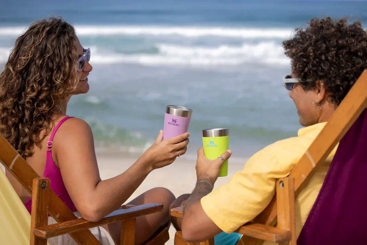 Duas pessoas brindando na praia enquanto comemoram o Dia da Amizade.