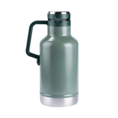 Garrafa térmica verde com alça e base de inox.