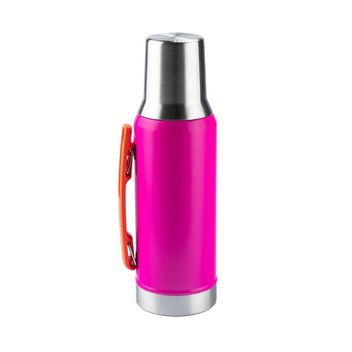 Garrafa térmica rosa com tampa metálica e alça laranja.