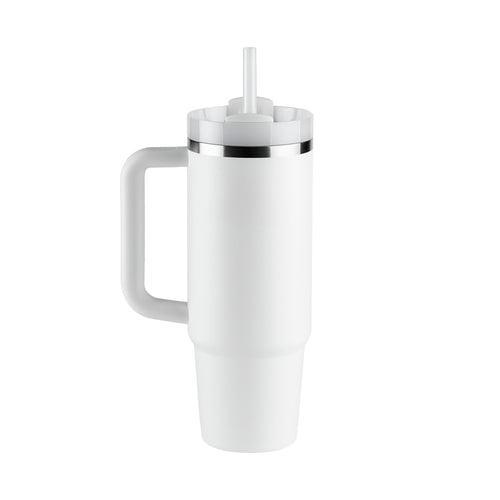 Copo térmico branco com alça e canudo.