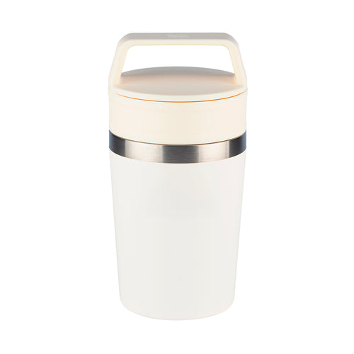 Pote térmico creme com tampa e alça bege.