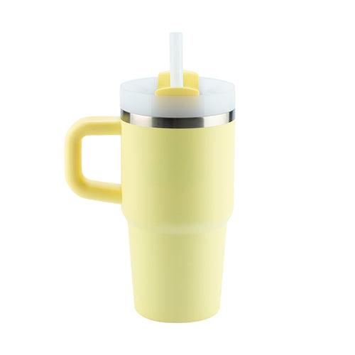 Copo térmico amarelo claro com alça e tampa com canudo.