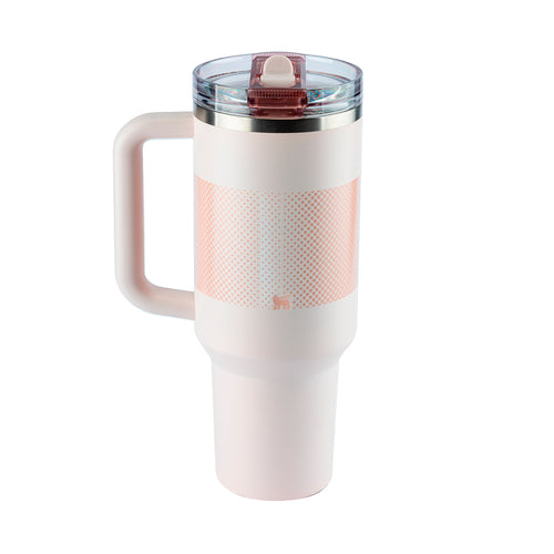 Copo térmico grande rosa claro com alça e tampa.