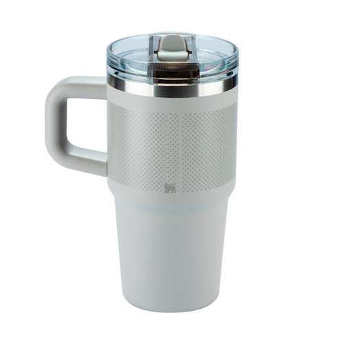 Caneca térmica branca com alça e tampa transparente.