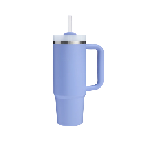 Copo térmico lilás com alça e canudo.