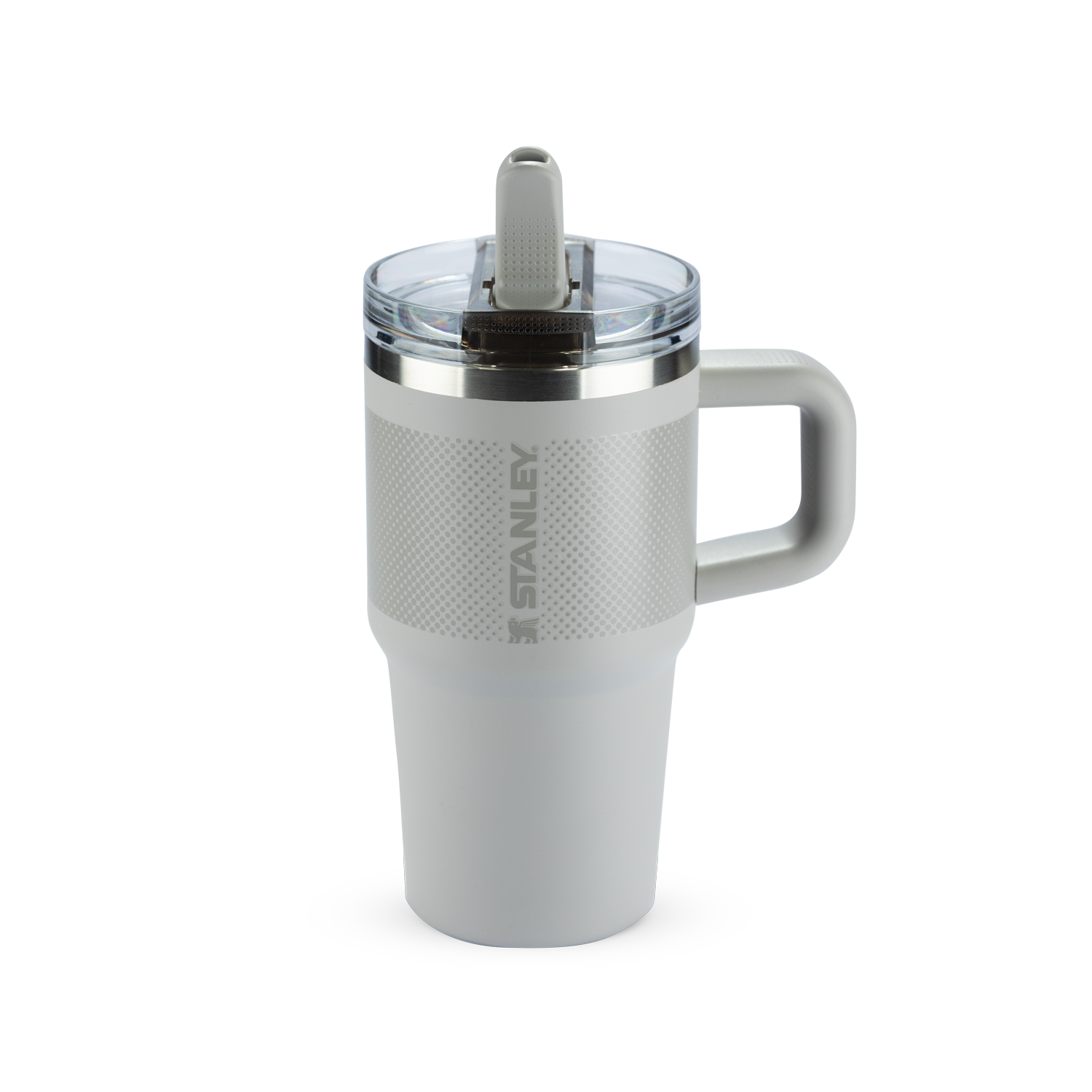 Quencher Stanley-Cinza-claro com detalhe escrito "Stanley"