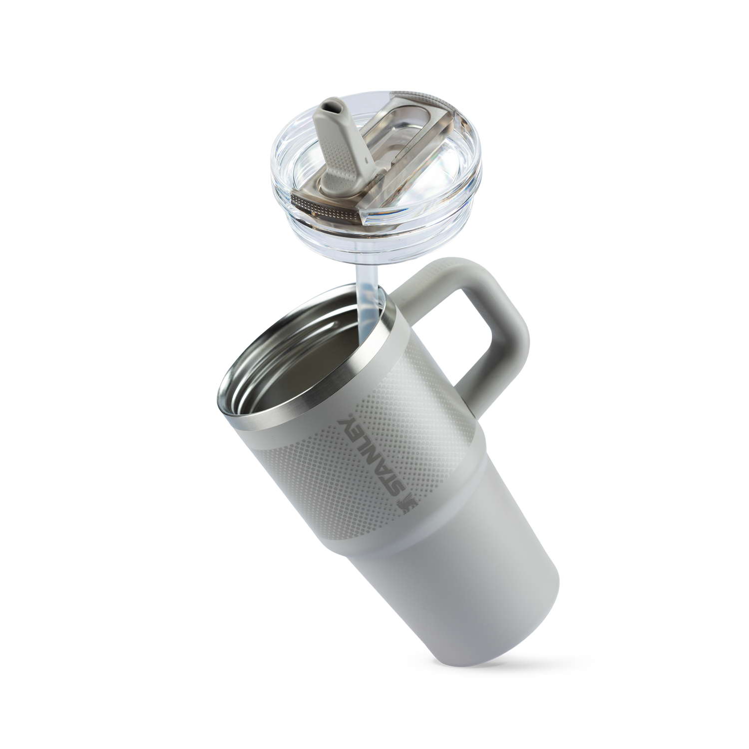 Quencher Stanley - Cinza claro com tampa e canudo e detalhe em escrito