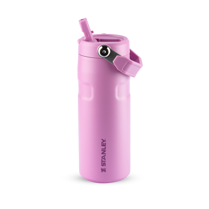 Garrafa térmica Stanley rosa com canudo e alça.