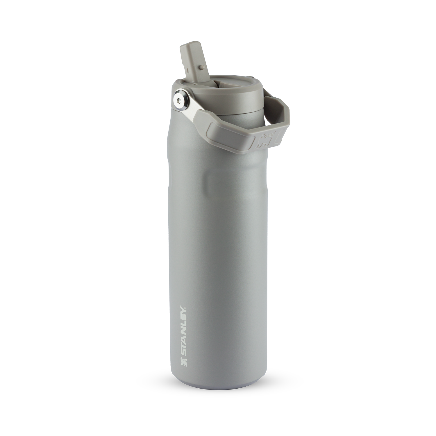 Garrafa térmica Stanley cinza com bico e alça.