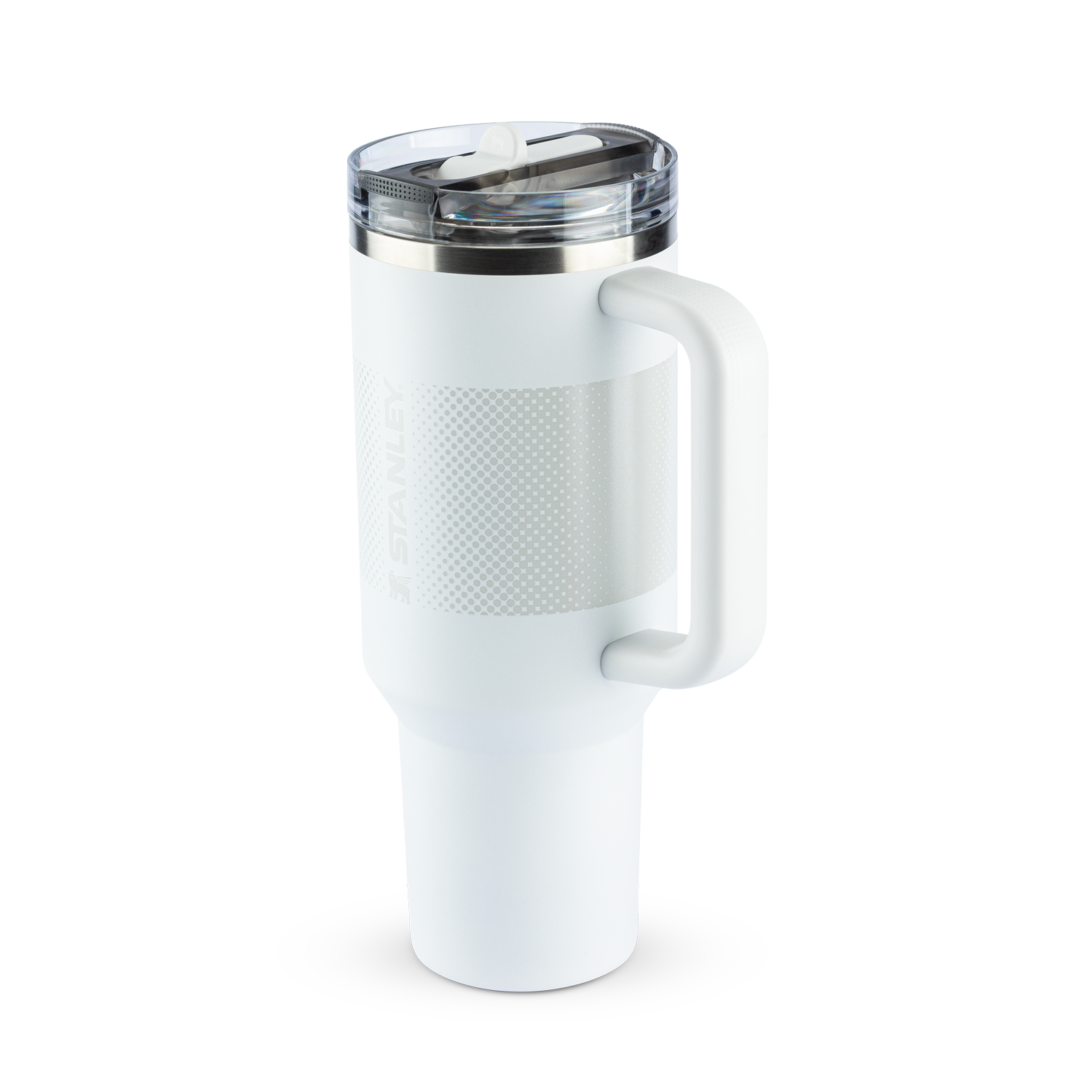 
Caneca térmica Stanley branca, com alça ergonômica e tampa com bico ajustável. Possui textura pontilhada e o nome "STANLEY" gravado.