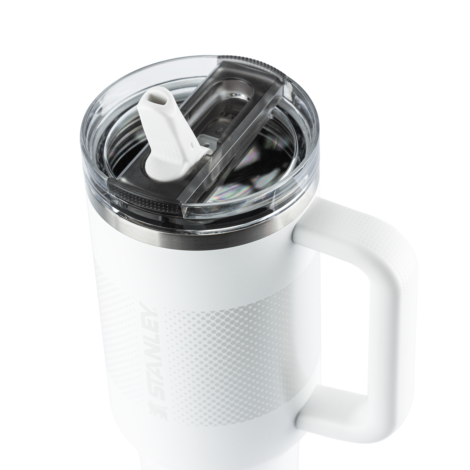 Caneca térmica branca com tampa e alça, ideal para manter bebidas quentes ou frias.