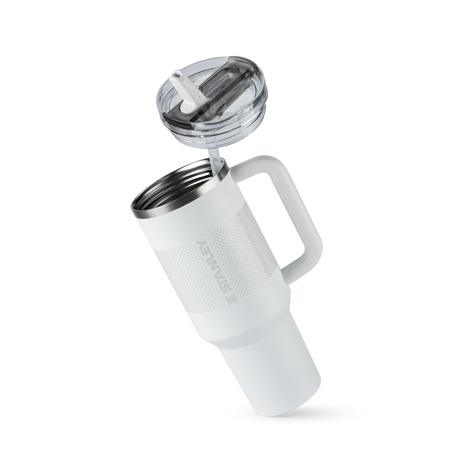 Quencher térmica branca com tampa e alça, ideal para manter bebidas quentes ou frias.