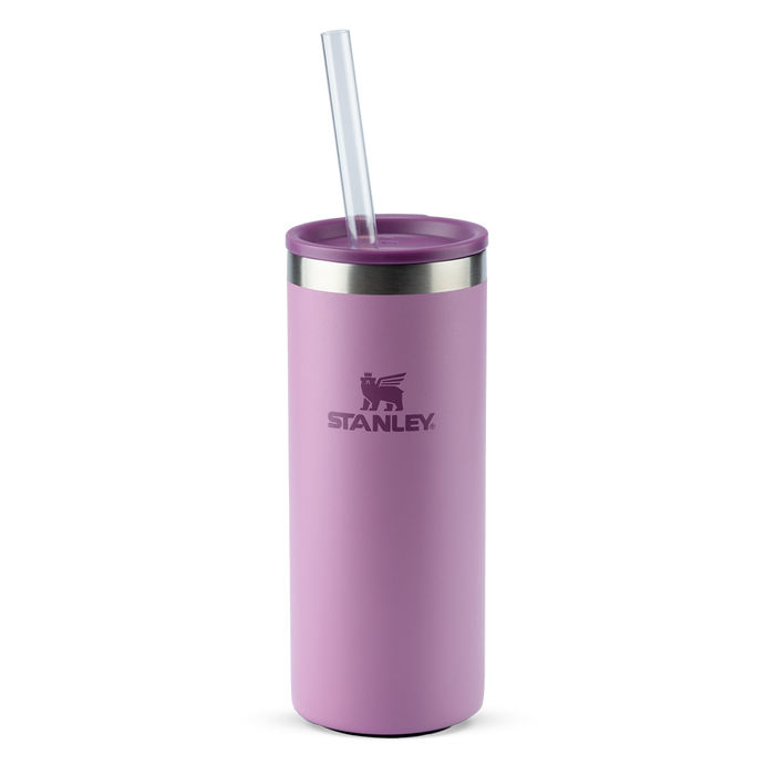 Copo térmico Stanley lilás com canudo e tampa roxa.