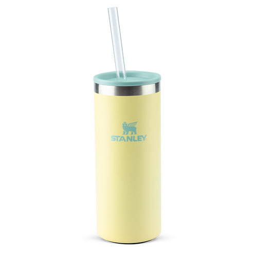 Copo térmico amarelo claro com tampa menta e canudo.