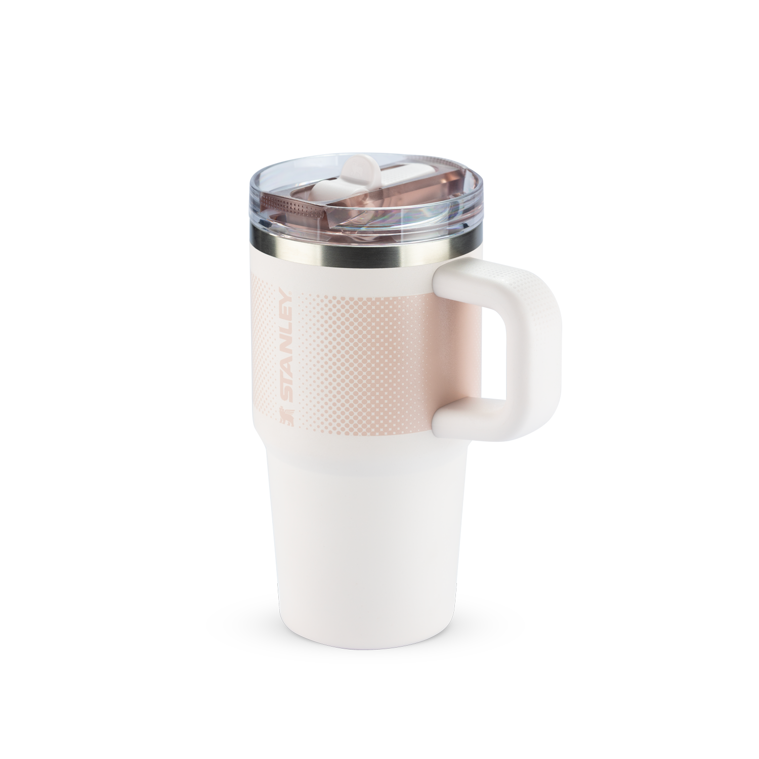  Quencher Stanley rose com faixa rosa texturizada, tampa de aço inoxidável e alça, projetada para bebidas em movimento.