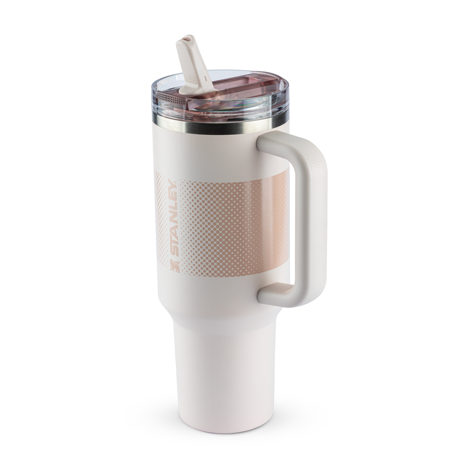 Caneca térmica Stanley em rosa claro, com alça confortável e tampa com bico retrátil. Apresenta um design texturizado com pontos e o nome "STANLEY" gravado.