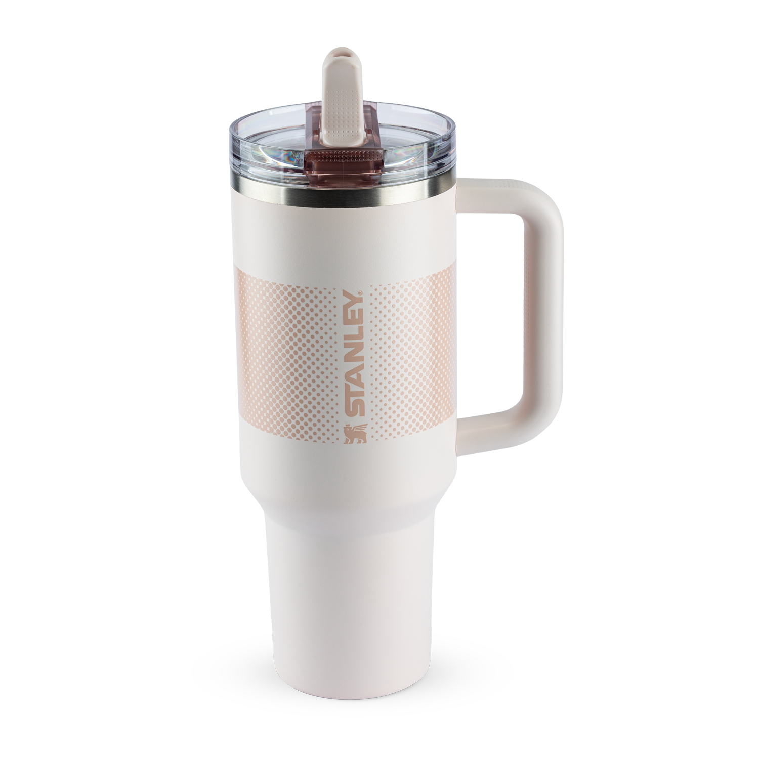 Caneca térmica Stanley em rosa claro, com alça ergonômica e tampa com bico móvel. Exibe uma textura com pequenos furos e o nome "STANLEY" estampado.